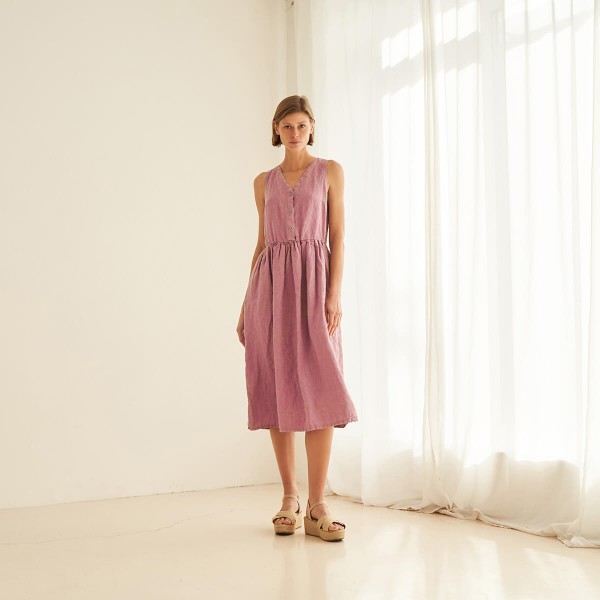 Linen V neck dress in midi length ONYI 1