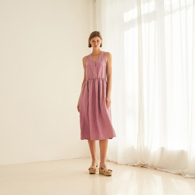 Linen V neck dress in midi length ONYI