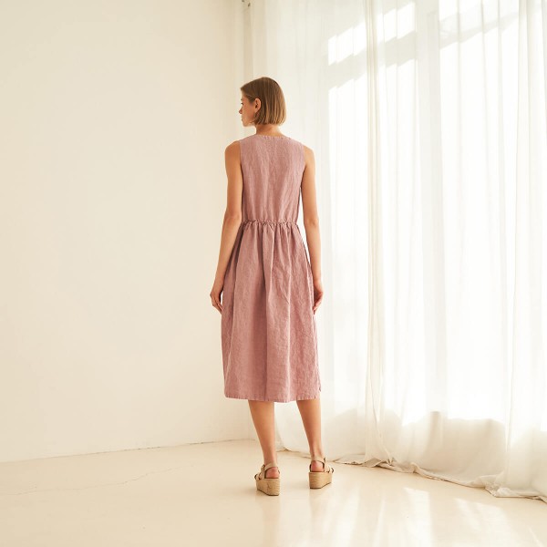 Linen V neck dress in midi length ONYI 3