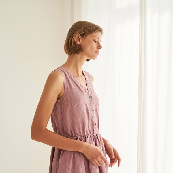 Linen V neck dress in midi length ONYI 5