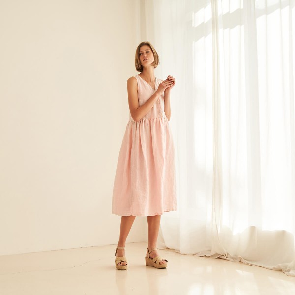 Linen V neck midi dress in blush ONYI 1