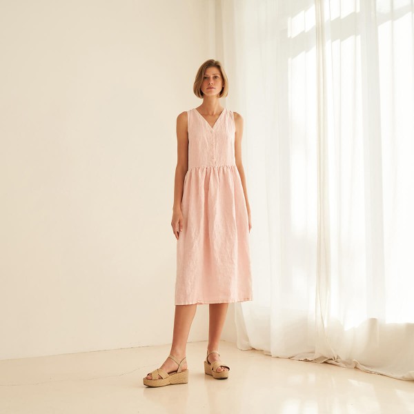 Linen V neck midi dress in blush ONYI 2