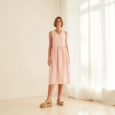 Linen V neck midi dress in blush ONYI