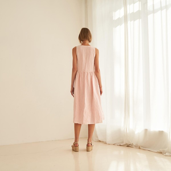 Linen V neck midi dress in blush ONYI 3