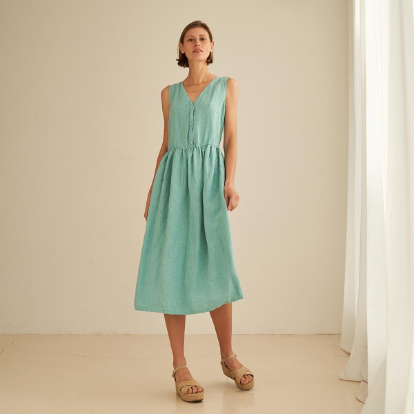 Linen V neck midi dress ONYI 3