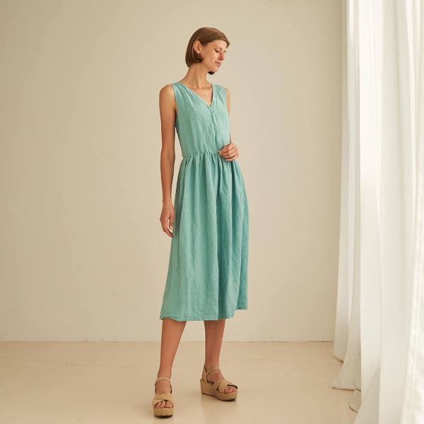 Linen V neck midi dress ONYI 2