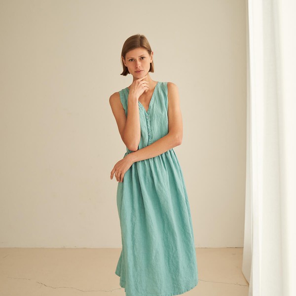 Linen V neck midi dress ONYI 4