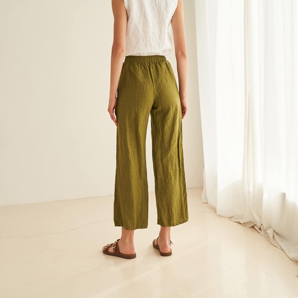 Linen pants with elastic waist in moss HARLOW 3