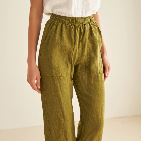 Linen pants with elastic waist in moss HARLOW 4