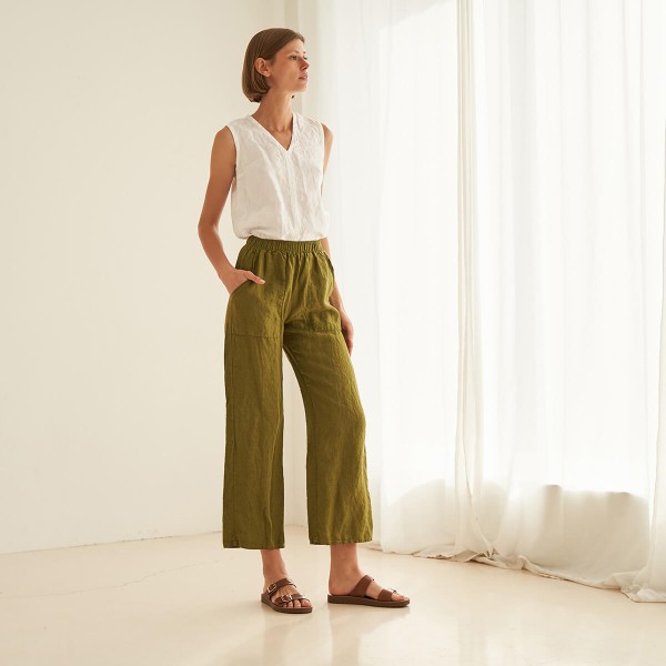 Linen pants with elastic waist in moss HARLOW 1