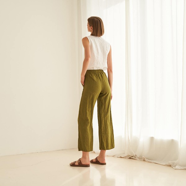 Linen pants with elastic waist in moss HARLOW 2