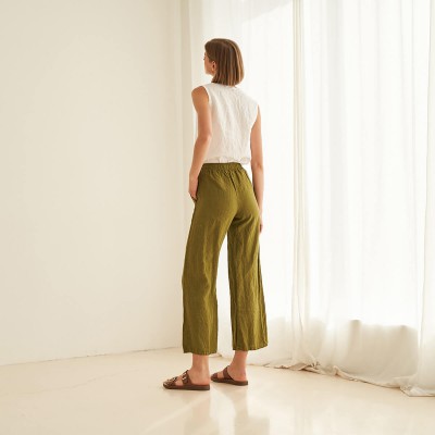 Linen pants with elastic waist in moss HARLOW