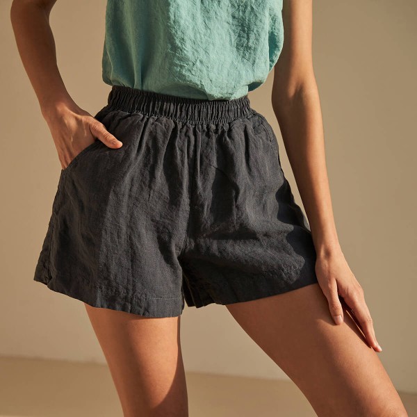 Linen shorts with elastic waist in charcoal NEBRASKA 1