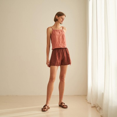 Linen shorts with elastic waist in red brick NEBRASKA