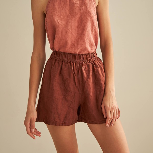 Linen shorts with elastic waist in red brick NEBRASKA 1