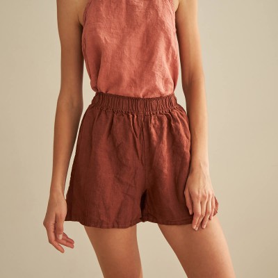 Linen shorts with elastic waist in red brick NEBRASKA