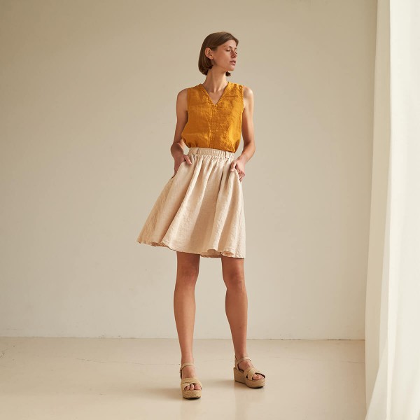 Linen midi skirt with elastic waist SAHARA in cream 1