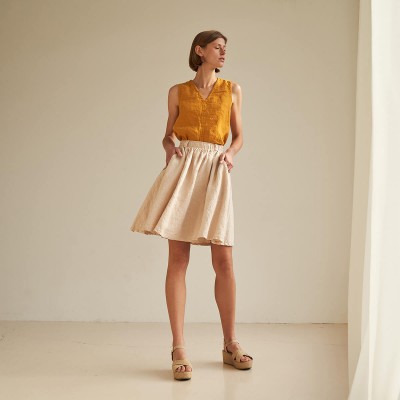 Linen midi skirt with elastic waist SAHARA in cream