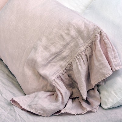 Blush linen pillow covers set with ruffles