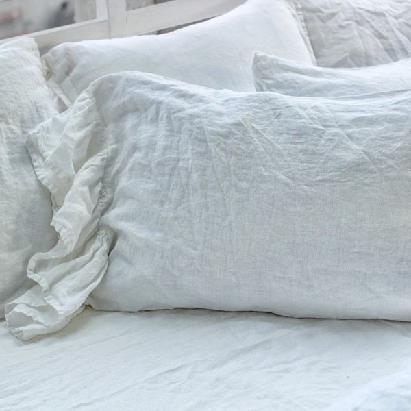 Ruffle linen pillow covers set in optic white 2