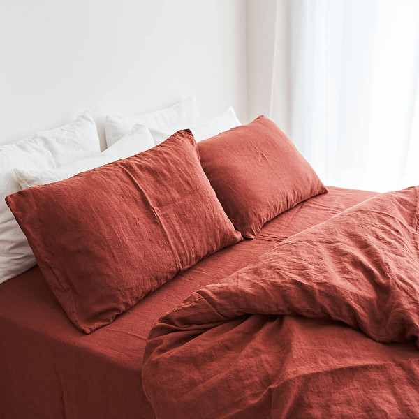 3 piece linen duvet cover set in red brick 5