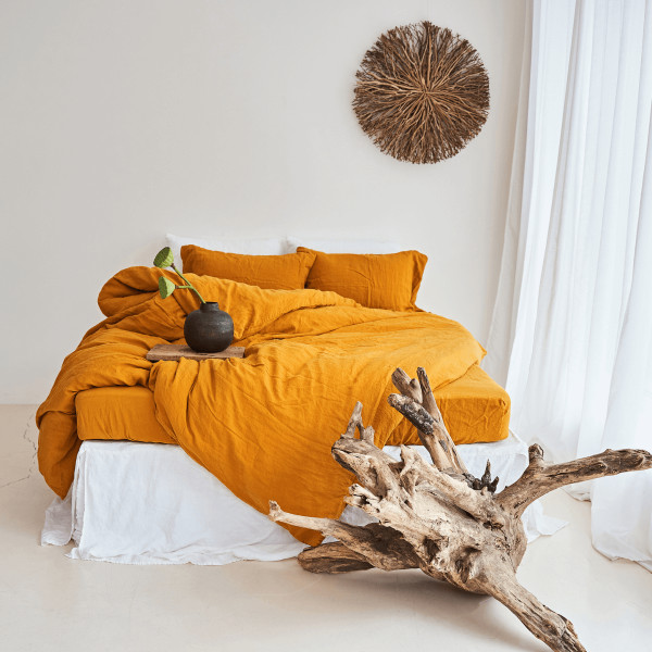 5 piece linen bedding set in Saffron 2