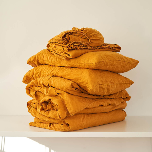 5 piece linen bedding set in Saffron 1